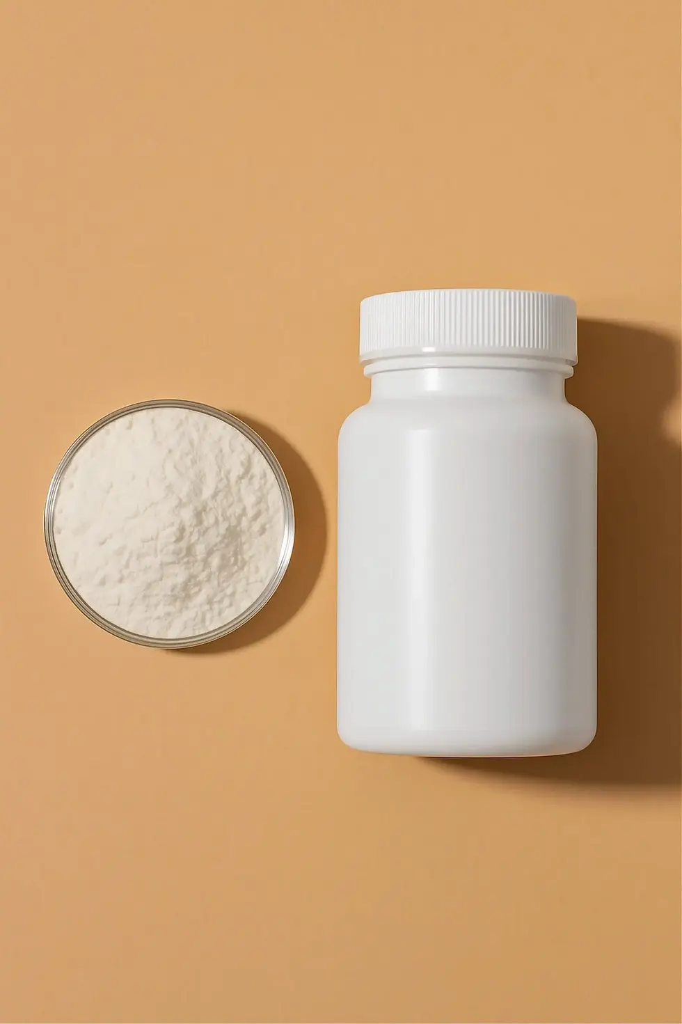 White bottle beside a bowl of white powder on a beige background
