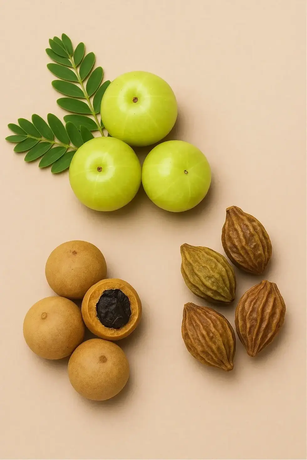 amla-haritaki-and-bibhitaki-fruits-with-green-leaf-on-beige-background