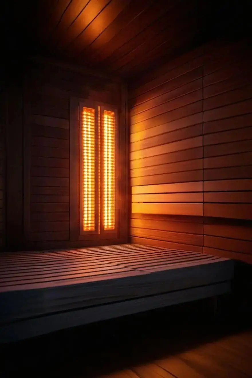 Far-infrared sauna interior with glowing heater panels