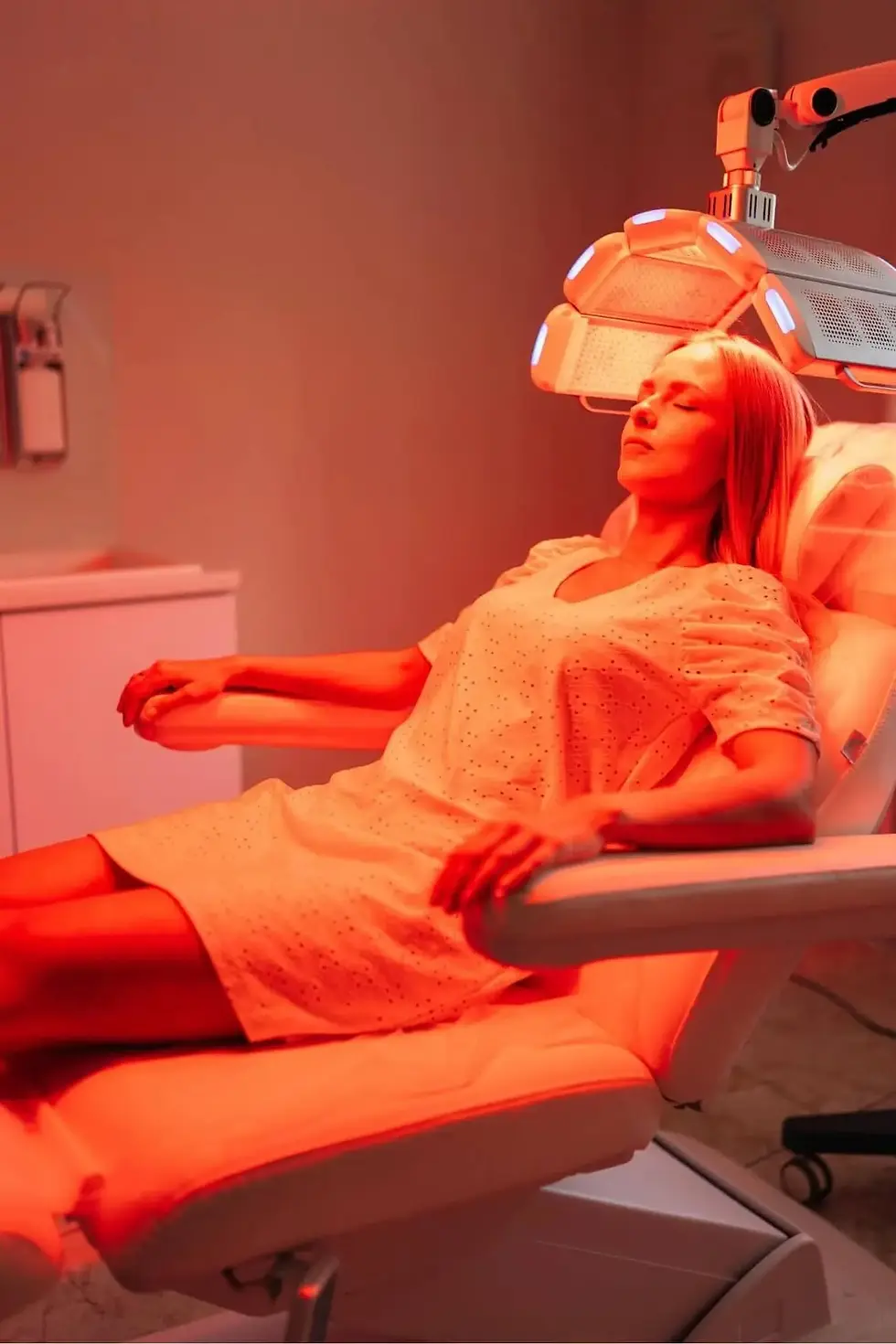 Person lying under a near-infrared light device