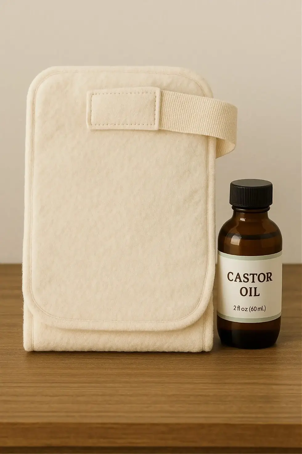 Castor oil pack with bottle beside it