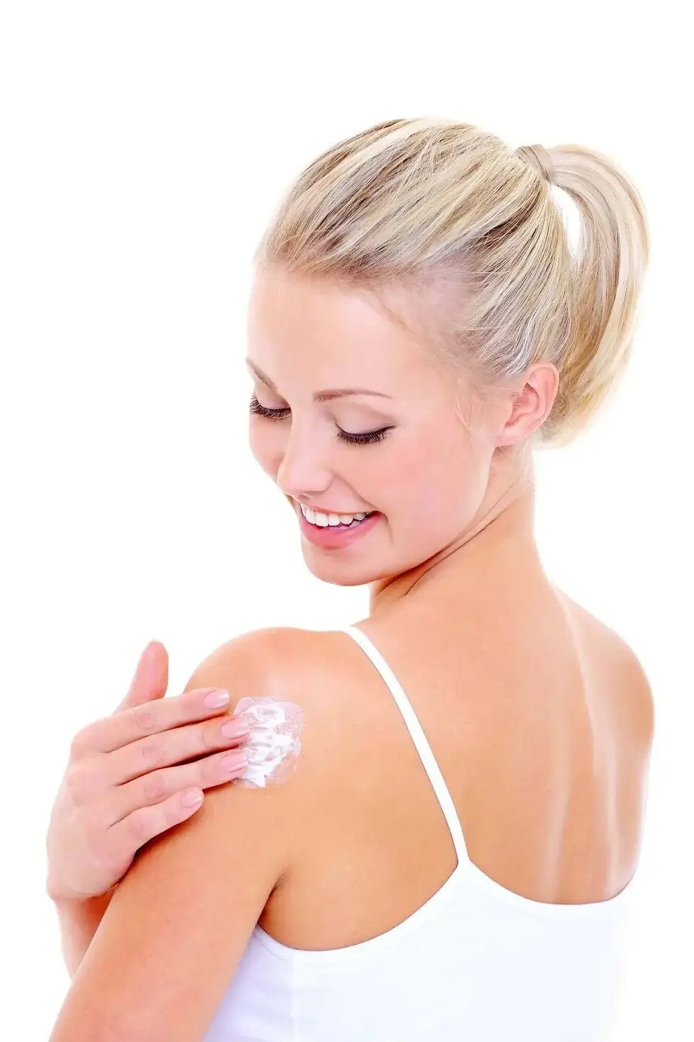 woman-applying-aftersun-lotion-to-shoulder-skincare-routine-isolated-white