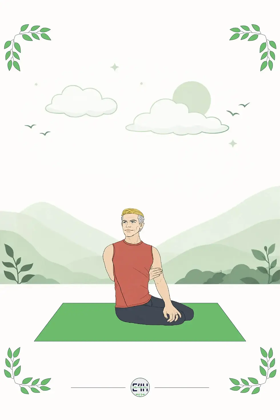 Person seated with torso twisted to one side