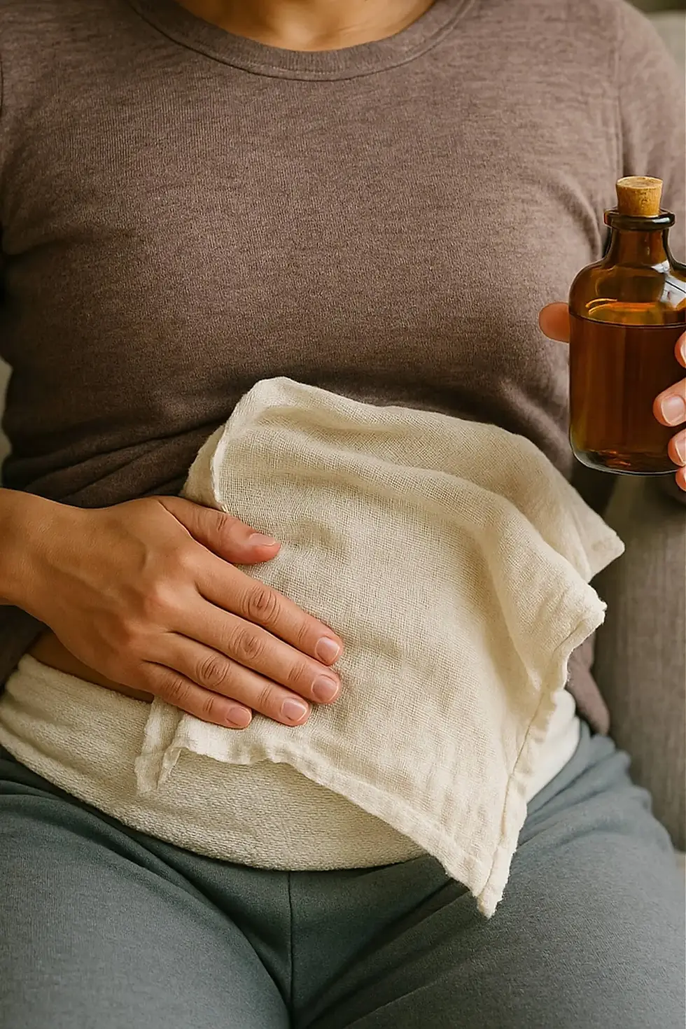 Hands holding a warm cloth pack and oil bottle over the abdomen