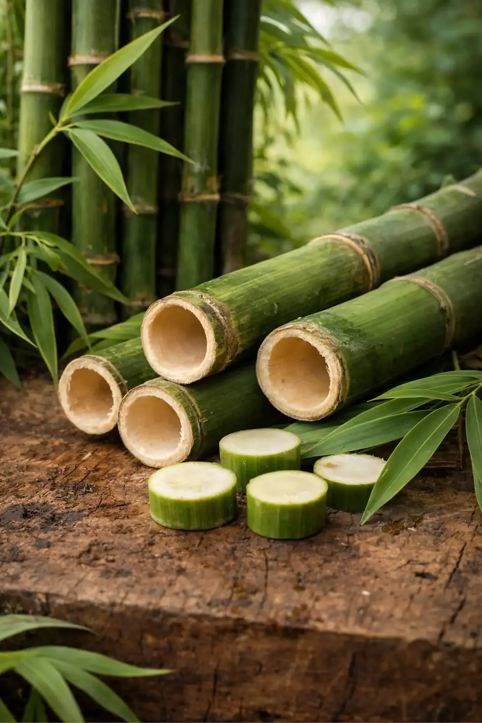 Cut bamboo stalks on a wooden surface