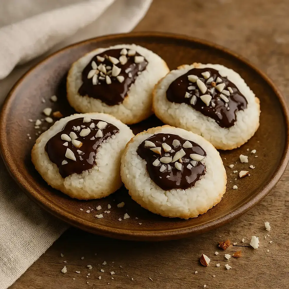 Chocolate-drizzled almond coconut cookies on a plate