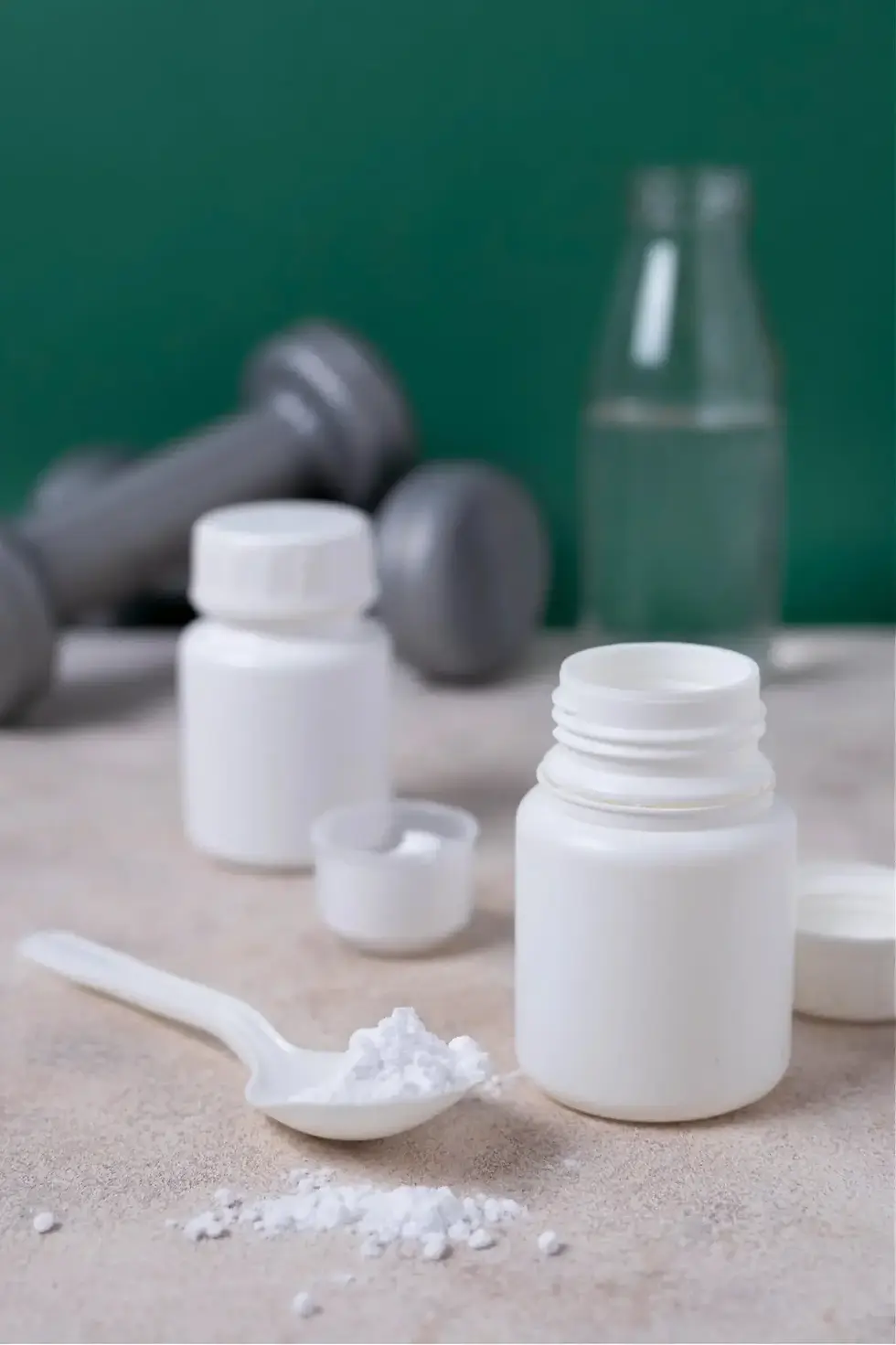 White supplement bottles and loose powder on a neutral surface