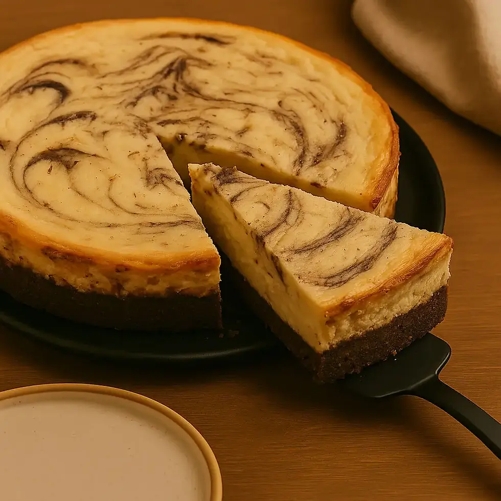 Marbled brownie cheesecake with a slice removed