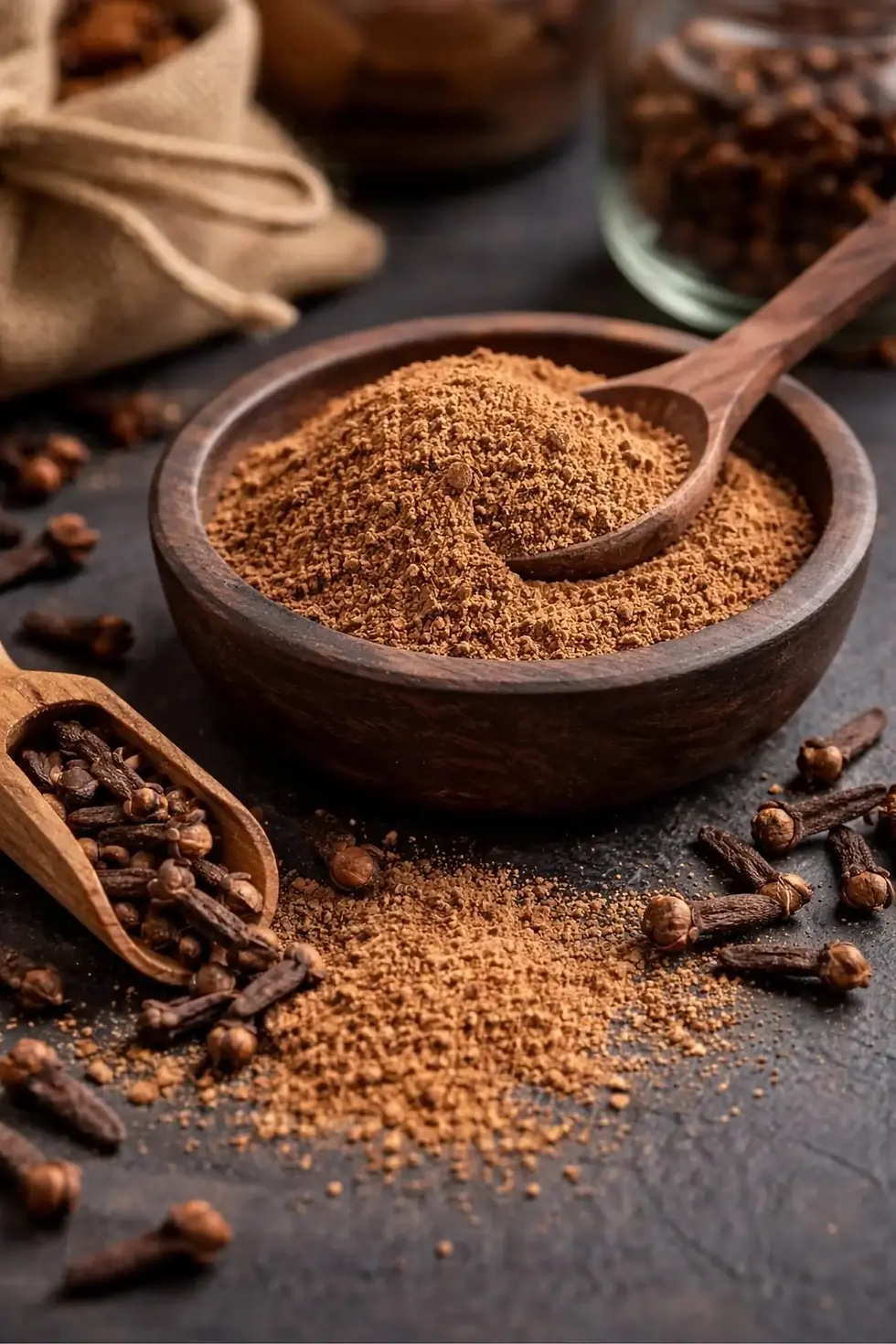 Bowl of clove powder with cloves