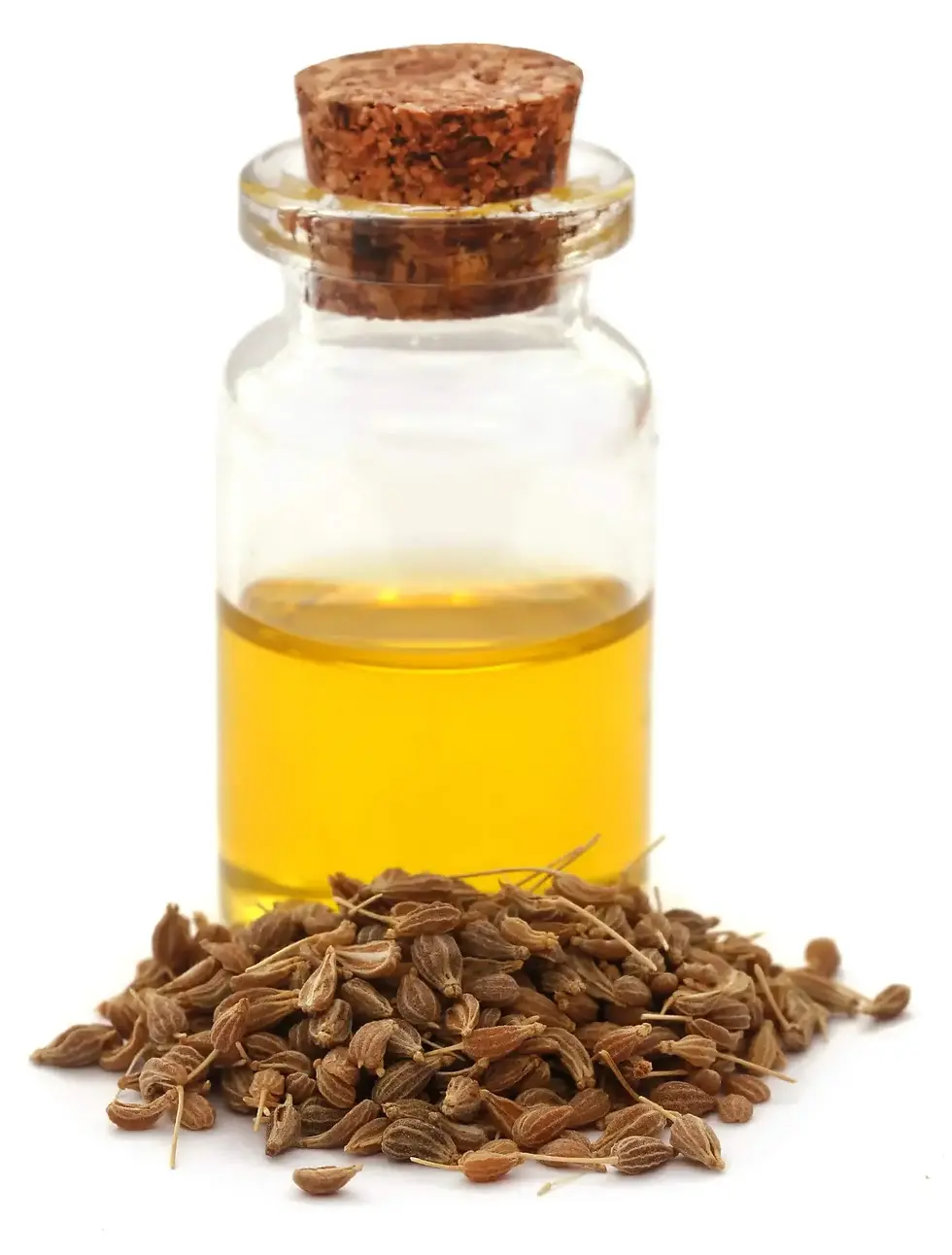 Glass bottle of cumin oil beside cumin seeds