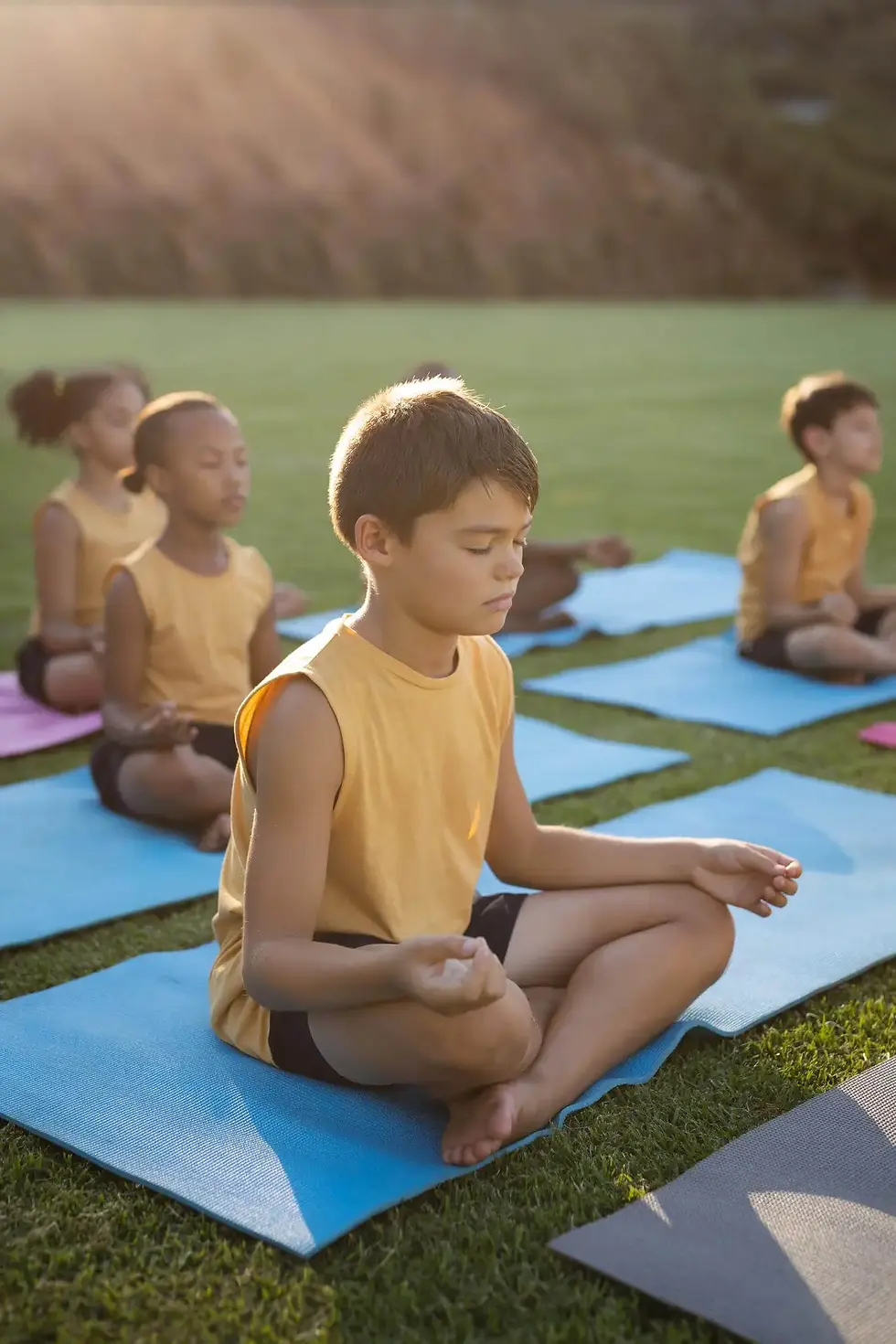 Children seated cross-legged on mats outdoors during yoga