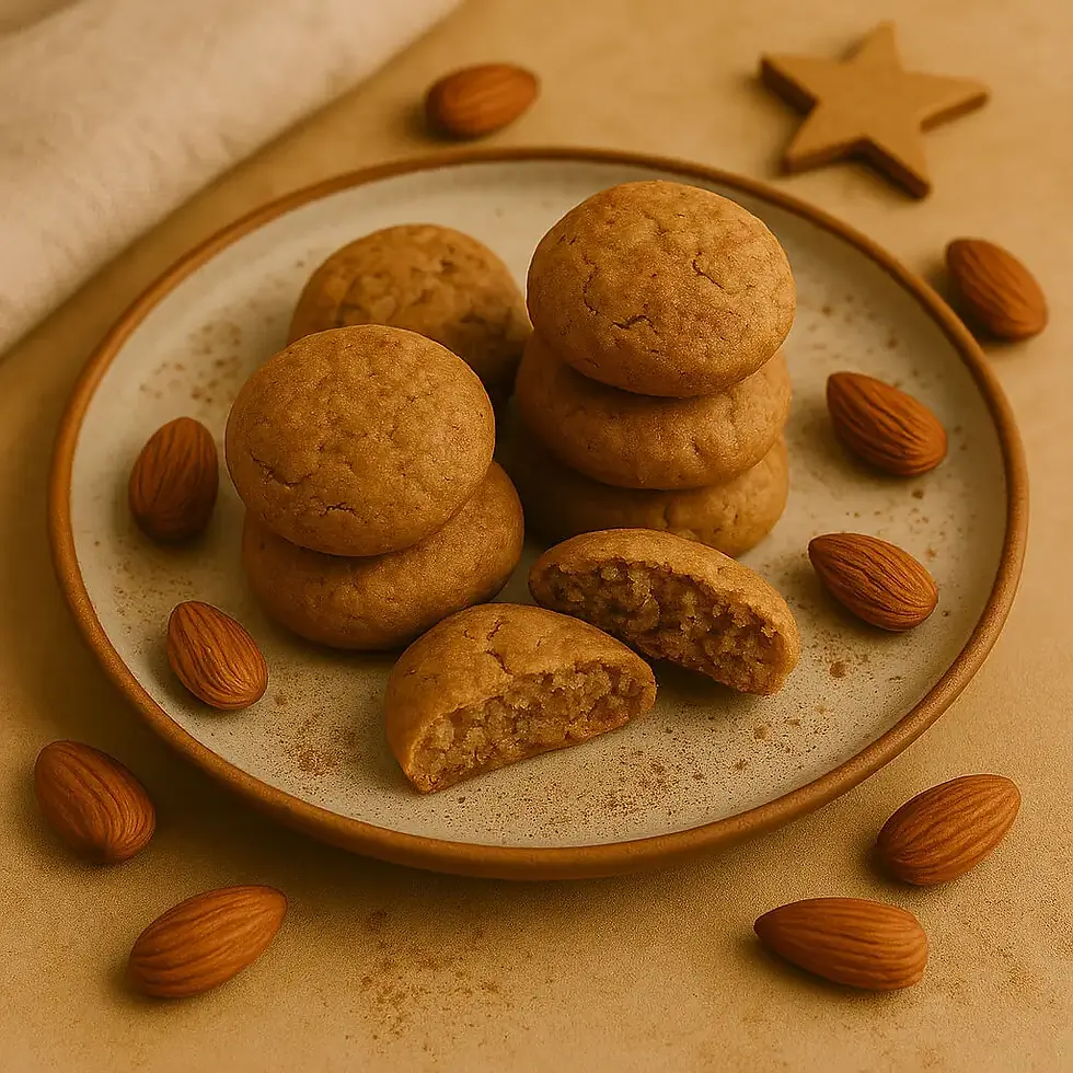 low-carb-almond-kruidnoten-cookies-on-a-plate-with-whole-almonds-and-spices
