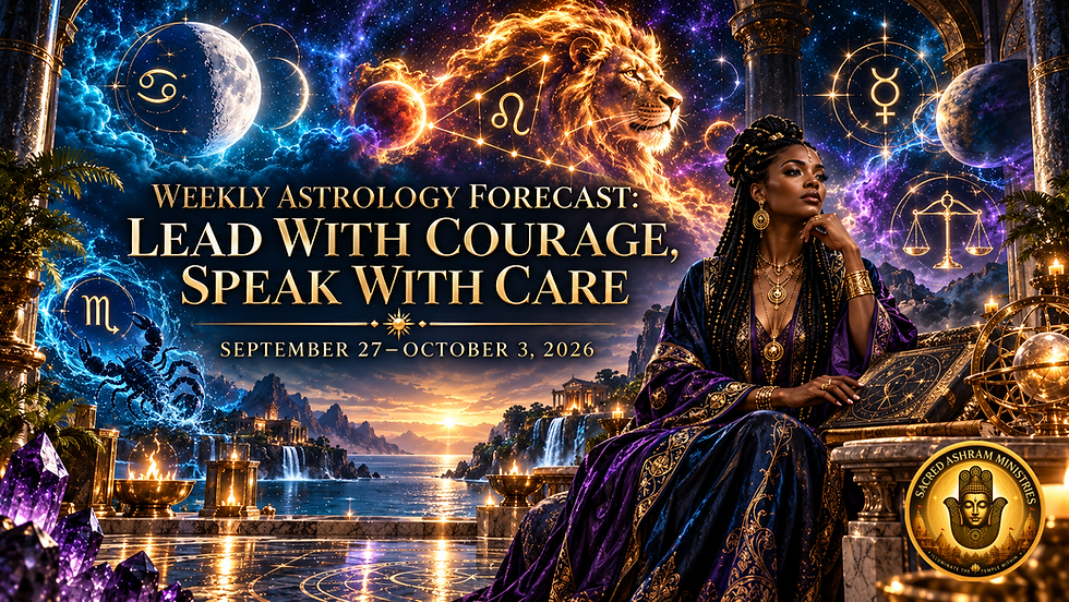 Weekly astrology forecast for September 27–October 3, 2026 with a melanated astrologer, celestial lion, Cancer Moon, Scorpio and Libra symbols