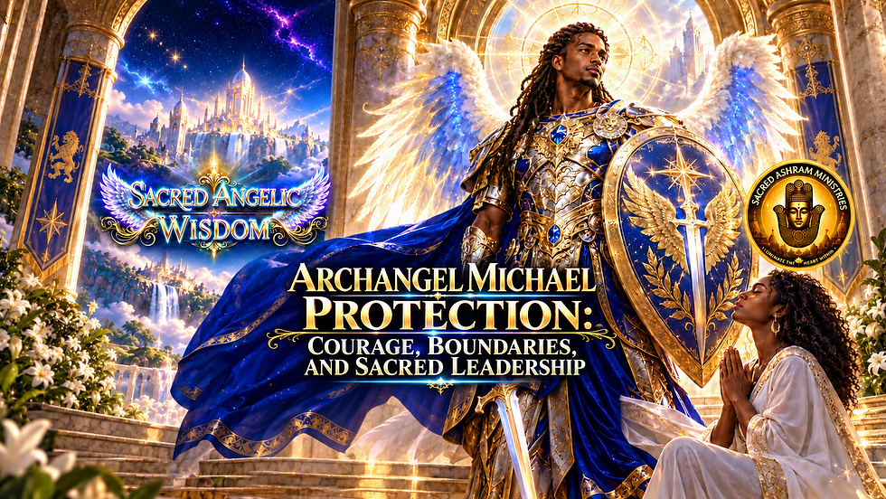 Melanated Archangel Michael standing calmly with shield beside a praying Black seeker in a luminous blue and gold temple beneath the title Archangel Michael Protection: Courage, Boundaries, and Sacred Leadership.
