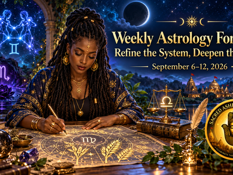 Cosmic Current Weekly astrology banner for September 6 through 12, 2026, showing a Black astrologer refining a Virgo celestial blueprint beneath a new moon