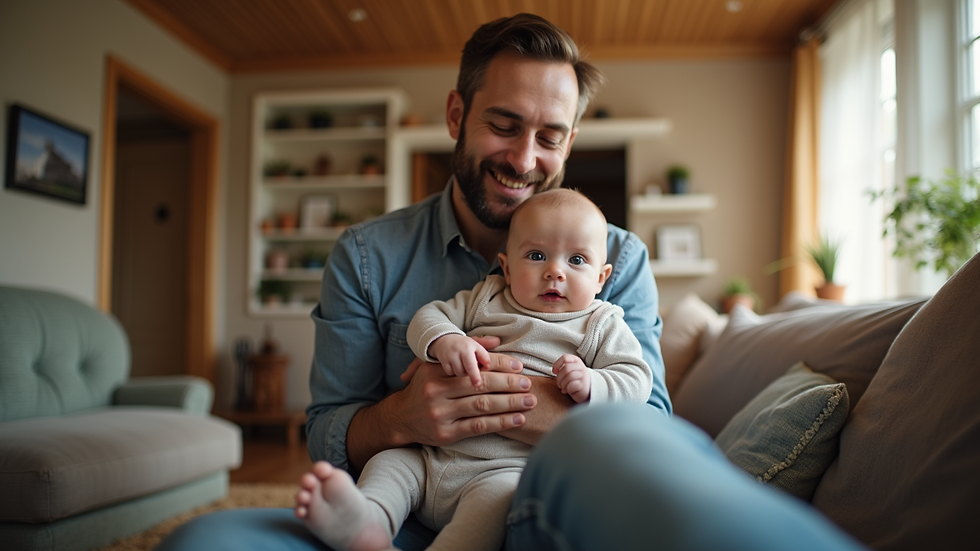 Eye-level view of a father holding a baby in a cozy living room