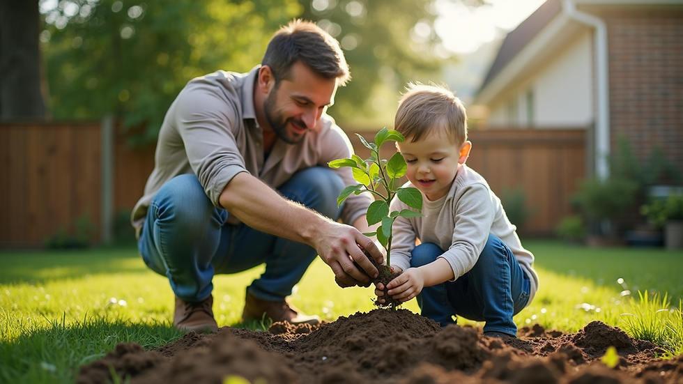 Close-up view of a father and child planting a tree together in a backyard garden