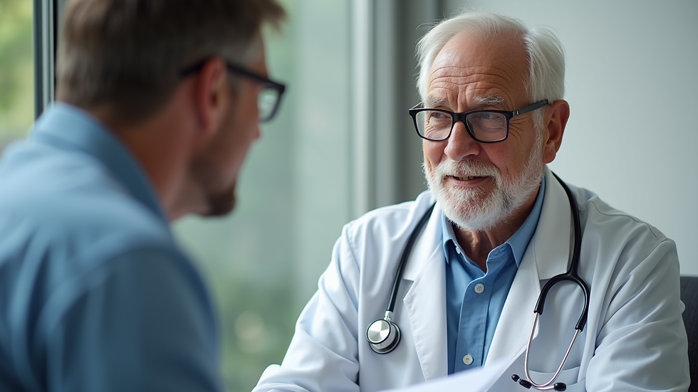 Close-up view of a doctor discussing health information with an older father-to-be