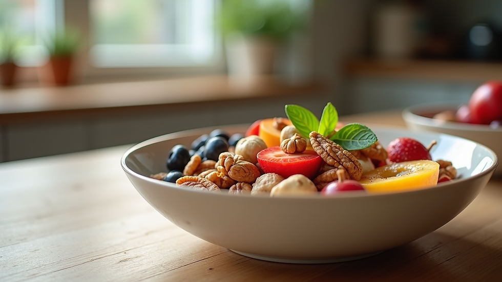 Close-up view of a healthy breakfast bowl with fruits and nuts on a kitchen table