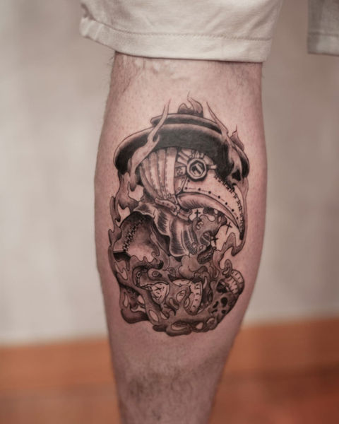 Plague Doctor Tattoo done in black and grey