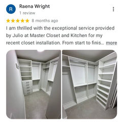 Two white walk-in closets with custom shelves and hanging space.