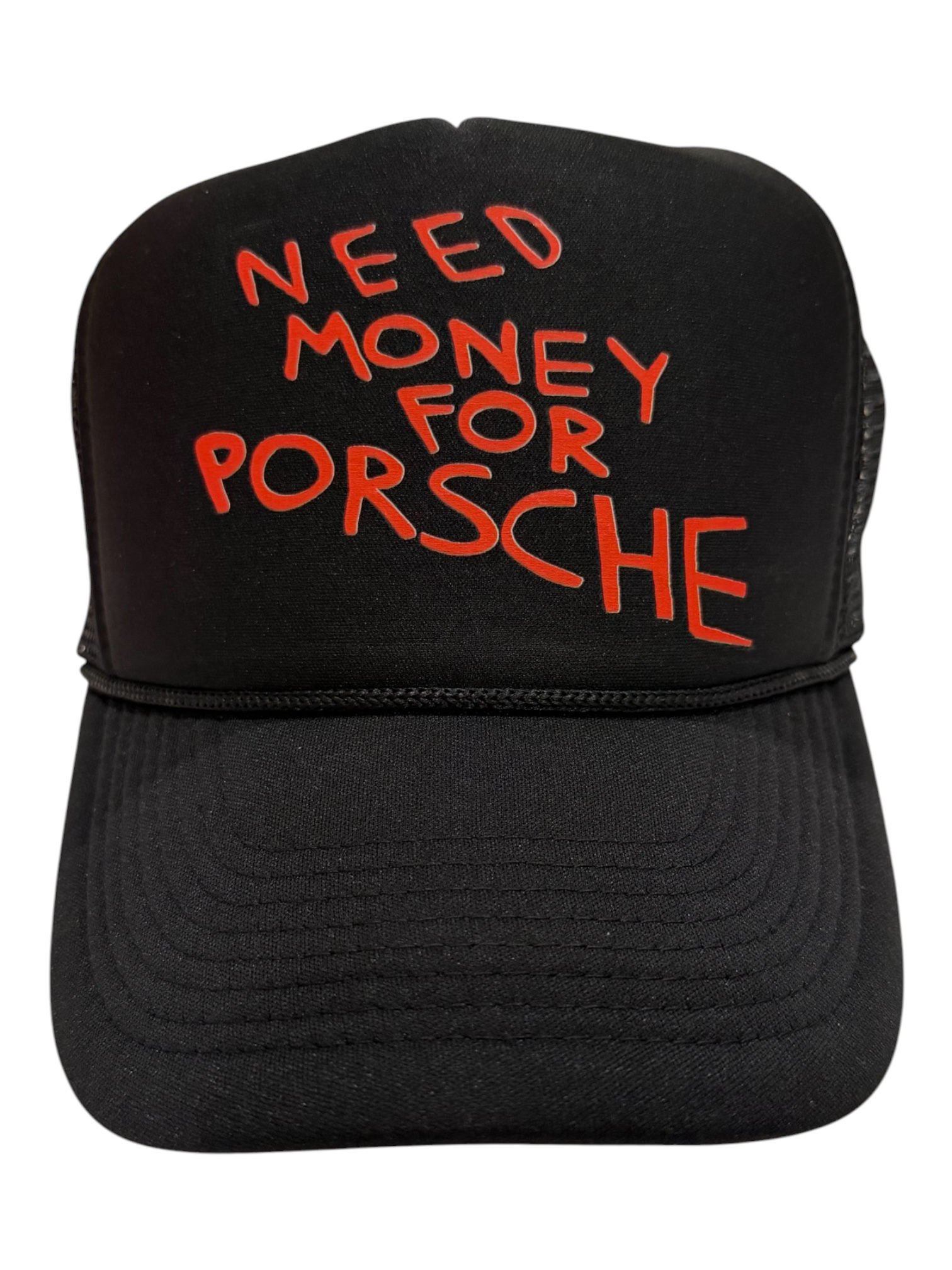 “Need Money For Porsche” Trucker Hat (Black/Red)