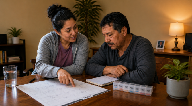 A Community Health Worker helps a man organize his appointments and medications.