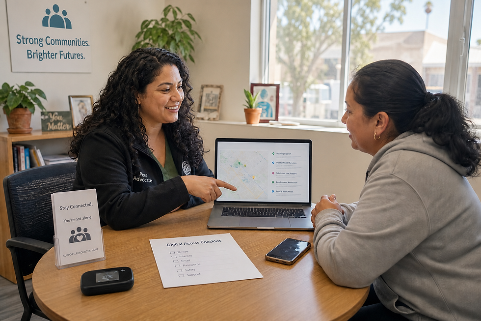A Help Is Hope Community Health Worker helps a peer access resources using technology.