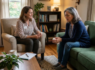 A woman discusses her struggles with a peer support specialist at Help Is Hope.