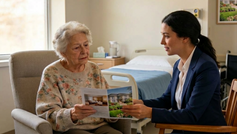 A woman reviews her residential care choices, all covered by her Medi-Cal plan. 