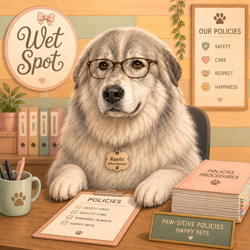 Dog in glasses at a desk with Wet Spot policies