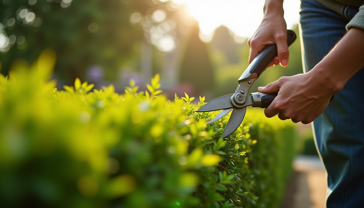 Eye-level view of a gardener trimming a dense green hedge with shears