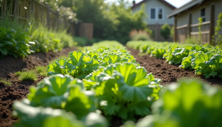 Eye-level view of a backyard garden bed filled with thriving green vegetable plants
