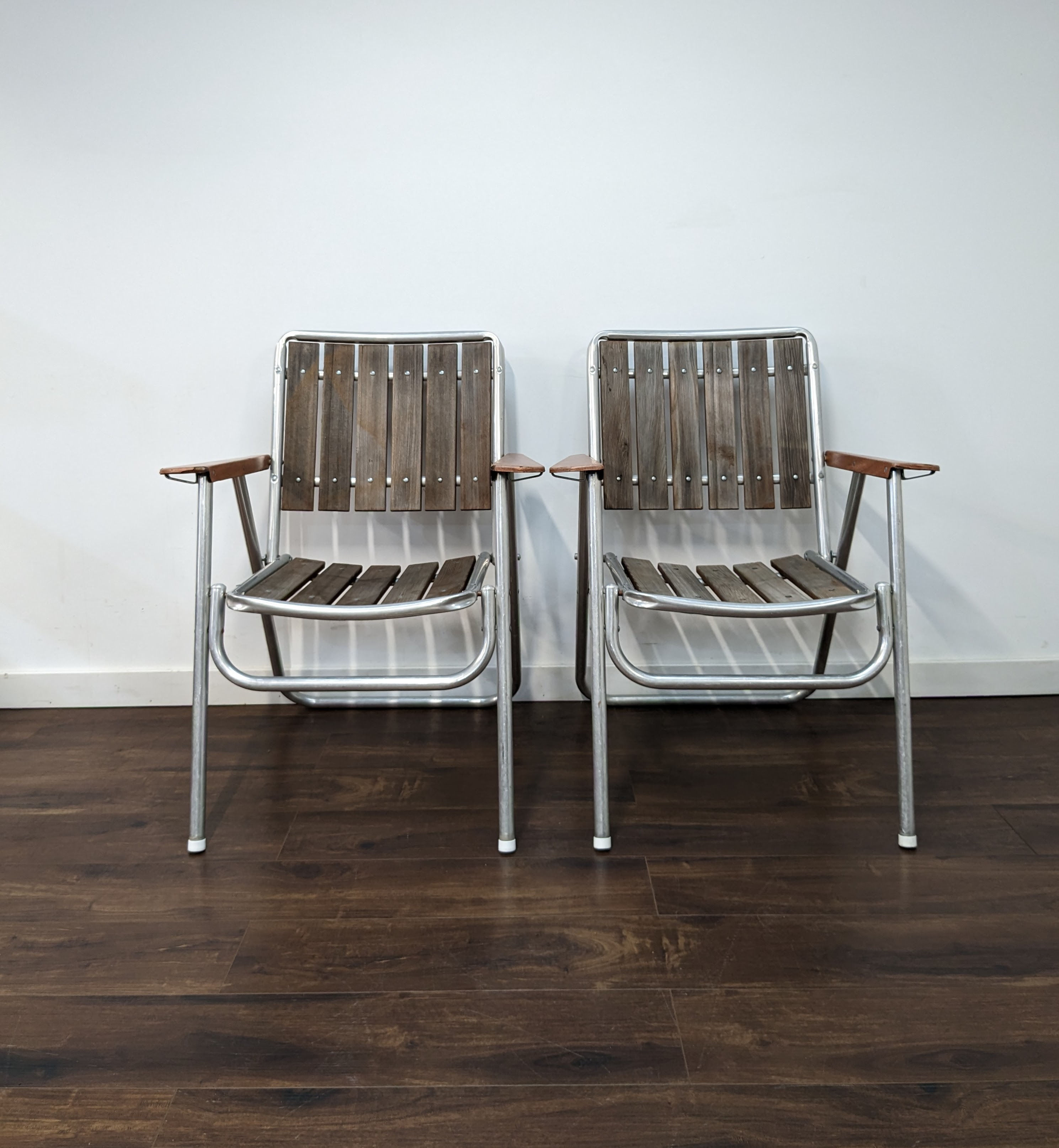 Pair of MCM Aluminum Wood Slatted Patio Chairs