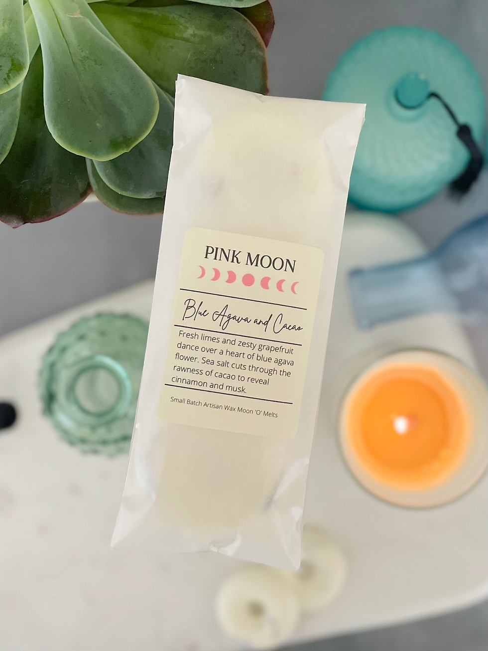 Blue Agava and Cacoa Moon 'O' Melts. Pink Moon Wax Melts