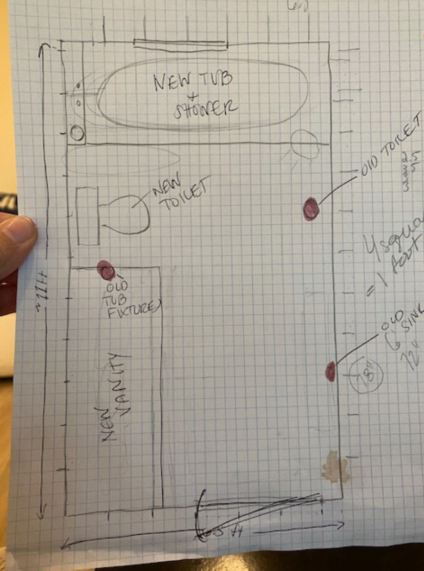 Hand-drawn bathroom renovation plan on graph paper, showing placements for a new tub, shower, toilet, and vanity with labels and notes.