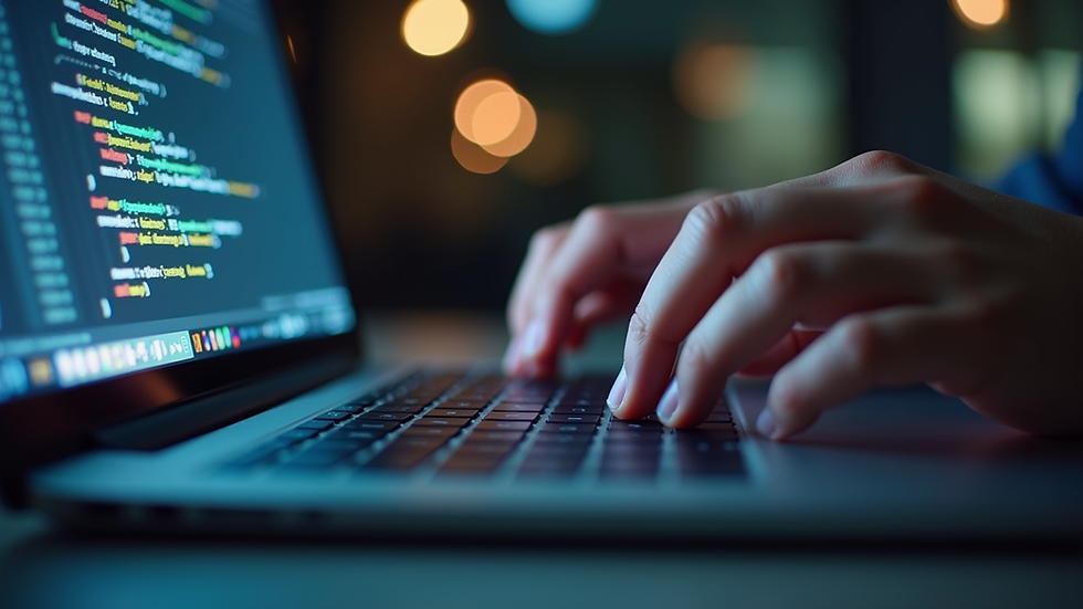 Close-up view of a developer’s hands typing code on a laptop keyboard
