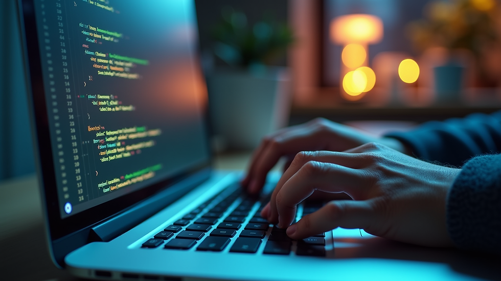Eye-level view of a developer working on code on a laptop