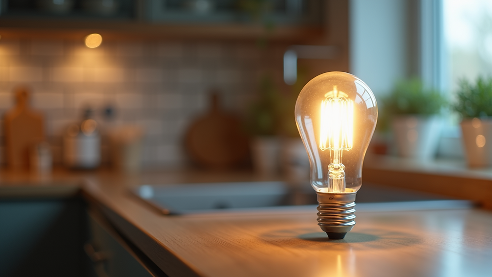 Close-up view of an energy-efficient light bulb on a kitchen counter