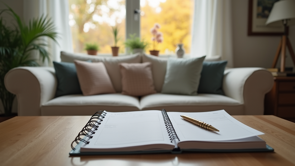 Eye-level view of a cozy living room with a budgeting planner on a coffee table