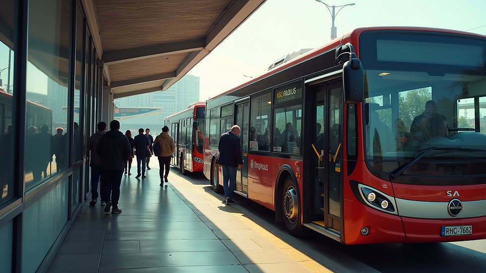 Eye-level view of a Megabus parked at a bus station
