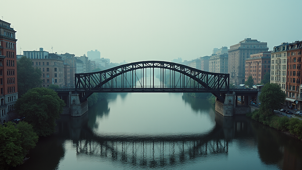 High angle view of a steel bridge spanning a river in an urban area