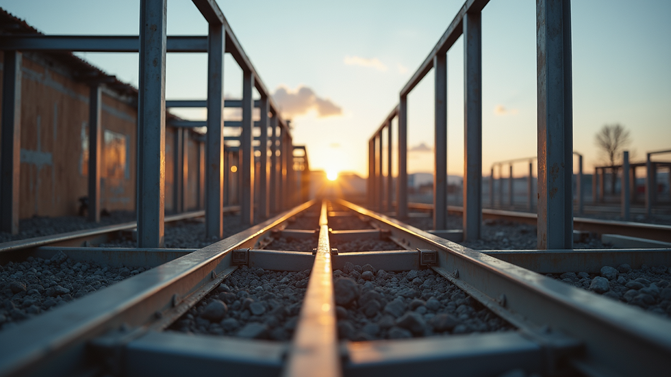 Eye-level view of a steel frame being assembled on a construction site