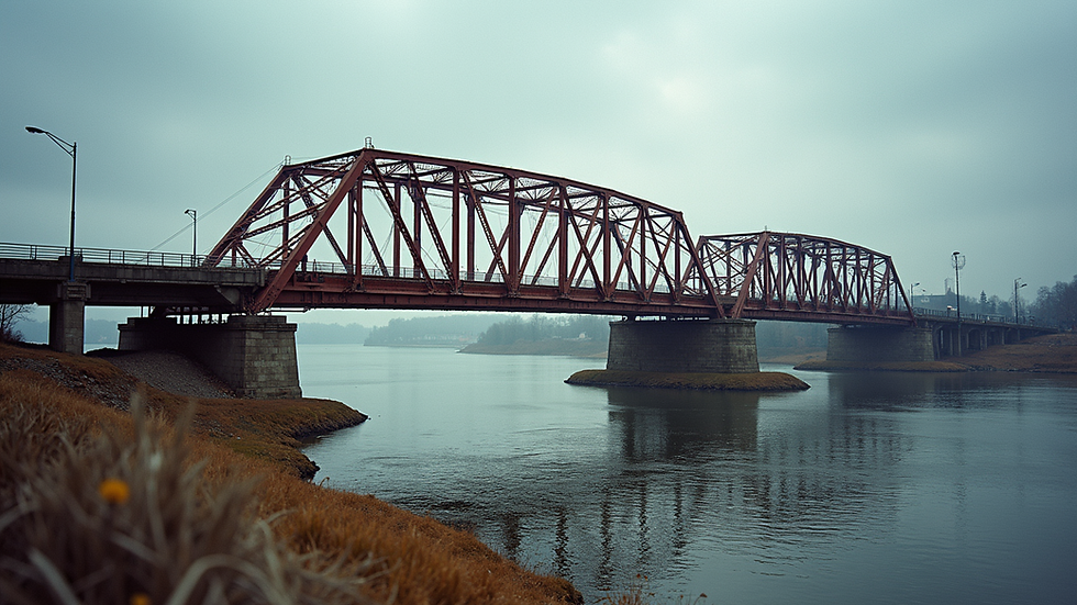 Eye-level view of a steel truss bridge under construction over a river