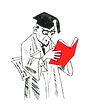 Charicature of a professor wearing a mortar board engrossed in a red book.