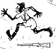 Hunter wearing a safari hat running from Tiger