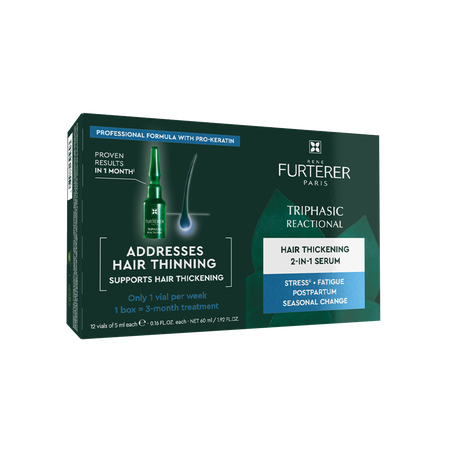 René Furterer Triphasic Reactional ampoules for thinning hair on a shelf.