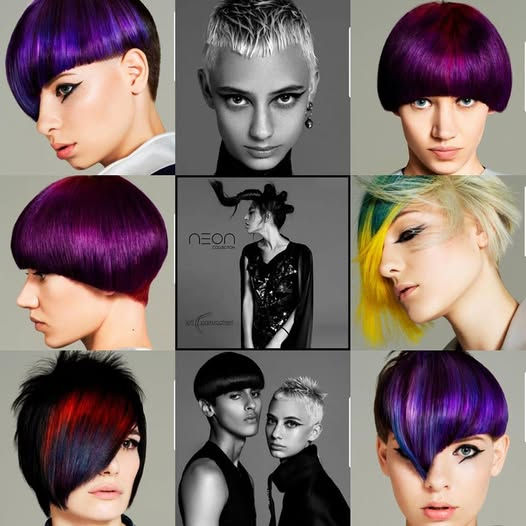Editorial collage featuring precision bobs, pixies, and color blocking in violet, cobalt, red, and neon yellow from the NEON Collection in Italy.