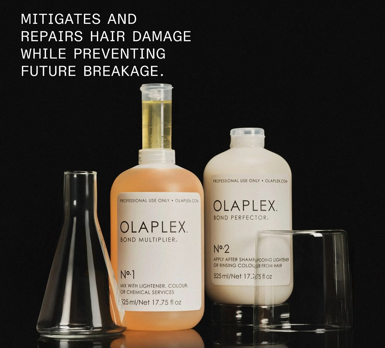 Olaplex No.1 and No.2 on dark backdrop—bond repair during color to reduce breakage.