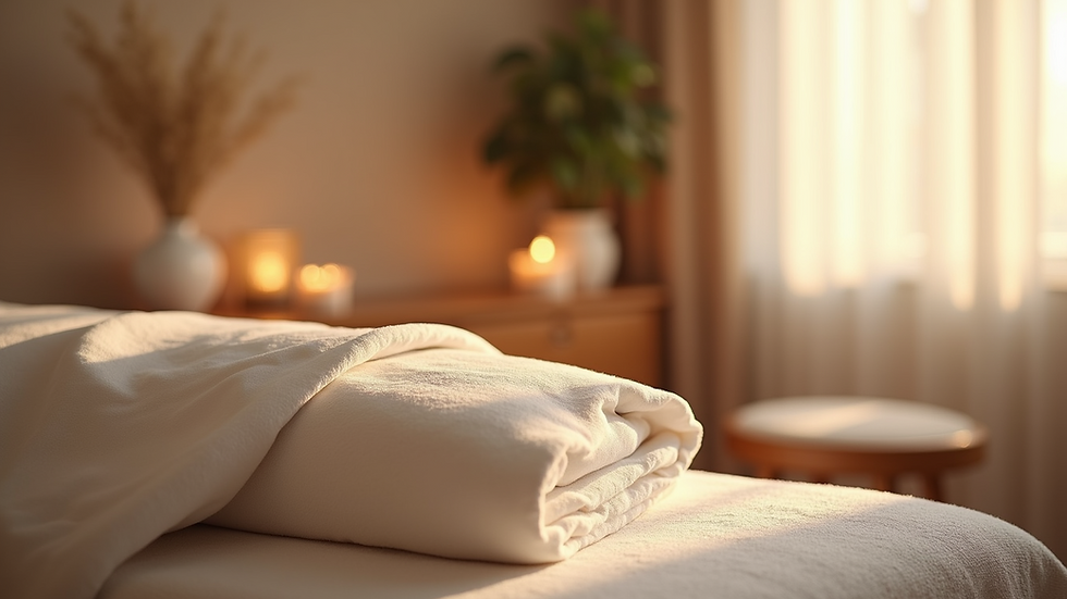 Close-up view of a peaceful Reiki treatment room with soft lighting and calming decor